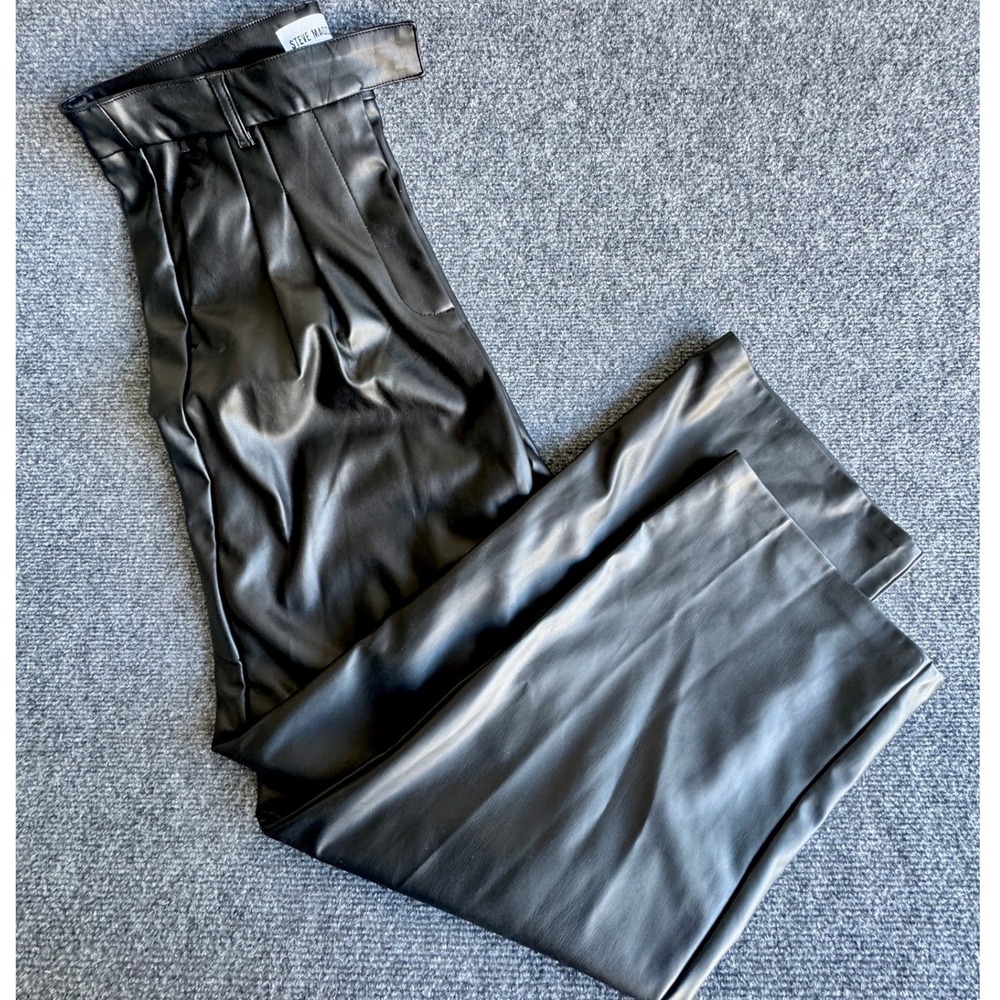 Steve Madden Black Faux Leather Pleated High Waisted Straight Leg Pants
